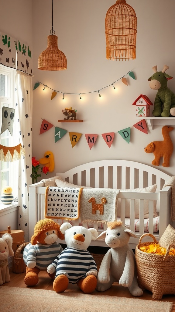 A cozy baby boy's nursery featuring farmyard-themed plush toys, warm colors, and playful decorations.