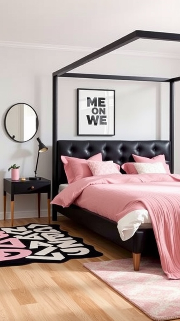 A stylish black four-poster bed with pink bedding in a modern bedroom setting.