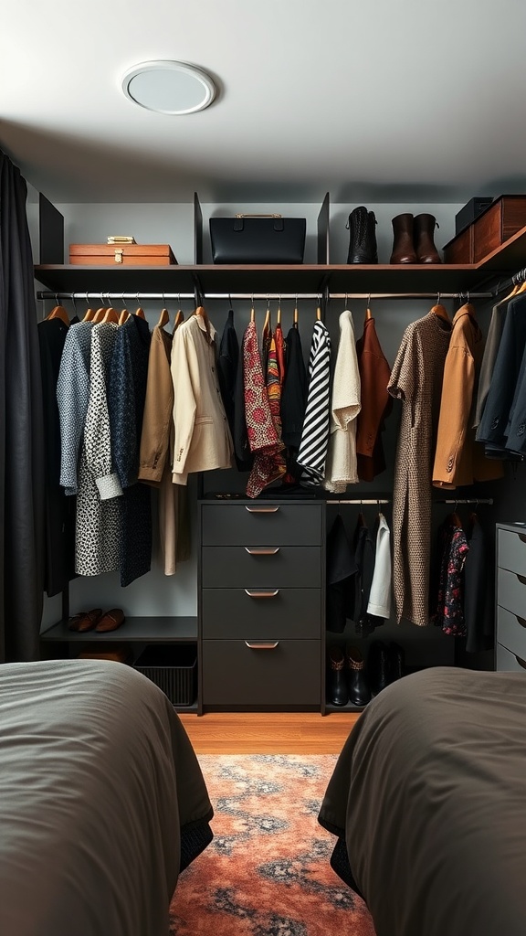 A well-organized closet displaying various clothing items and accessories.