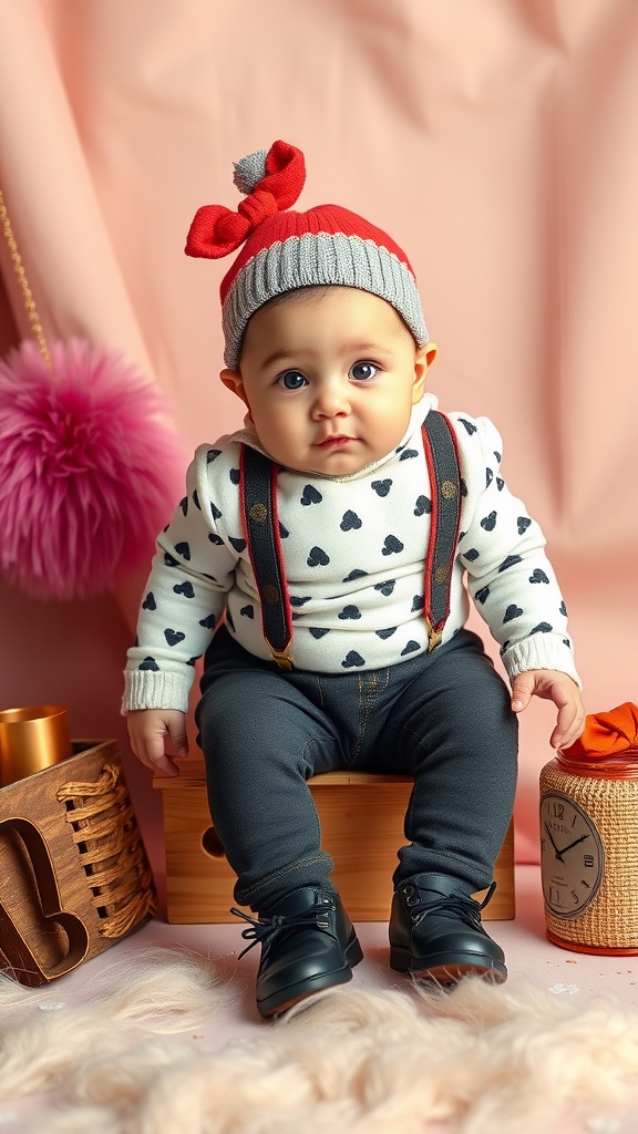 A baby dressed in a heart-patterned sweater and suspenders, wearing a red and gray knitted hat, sitting on a wooden box surrounded by cute props.