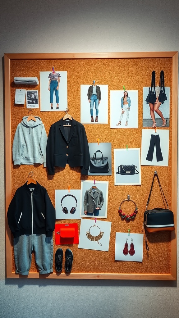 Cork board displaying a fashion lookbook with clothing items and accessories.