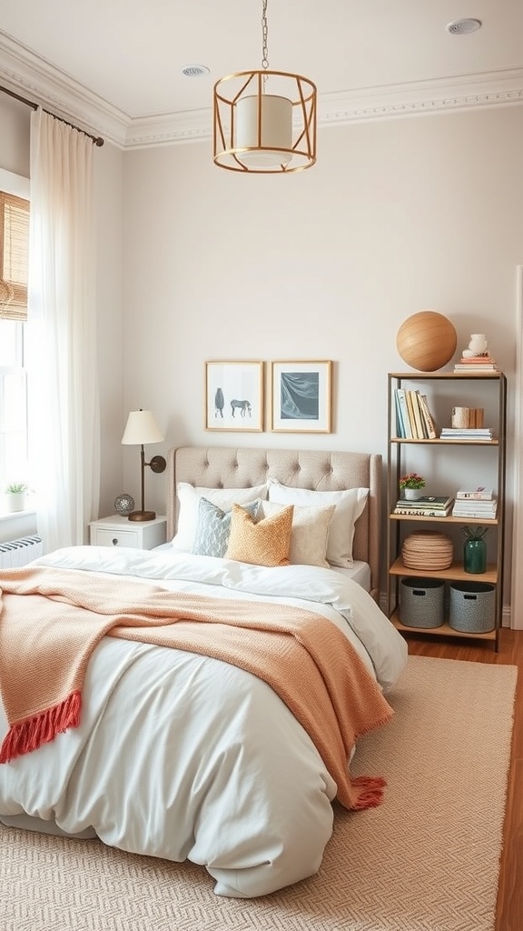 A stylish bedroom featuring a cozy bed, decorative pillows, a shelving unit with books and baskets, and modern lighting.
