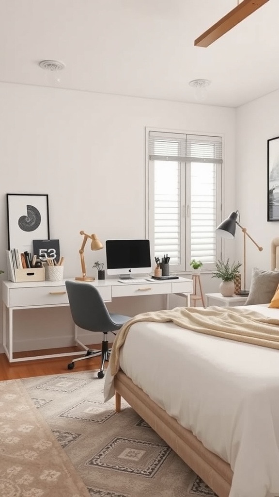 Chic mom workspace featuring a desk with computer, stylish chair, and natural light.