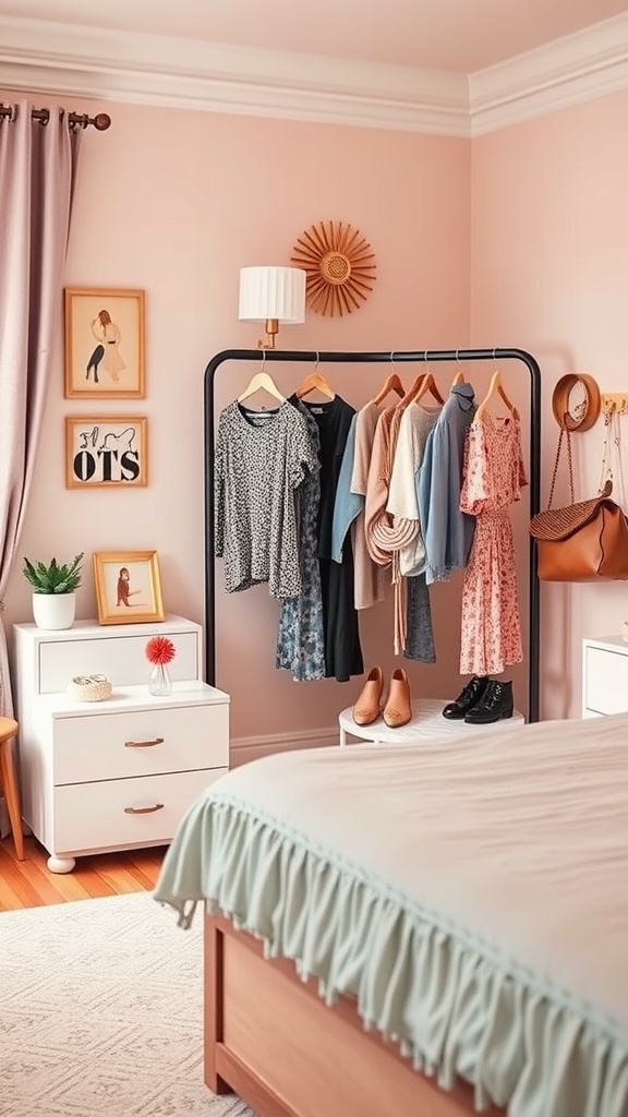 A stylish tween girl's bedroom featuring a clothing rack with various outfits, soft pink walls, and decorative elements.