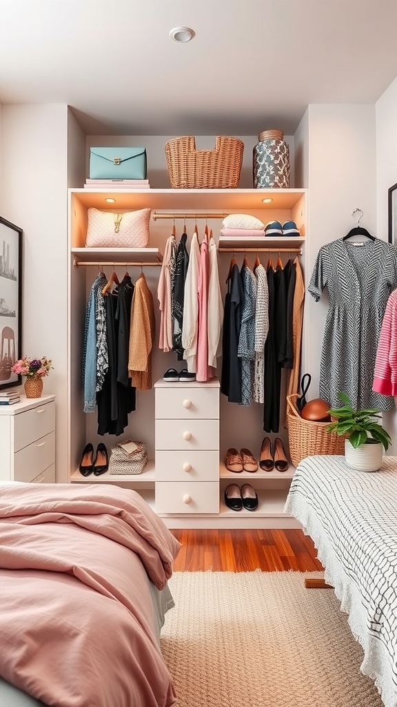 A stylish closet with organized clothing, accessories, and decorative items, showcasing a fashionista's dream space.