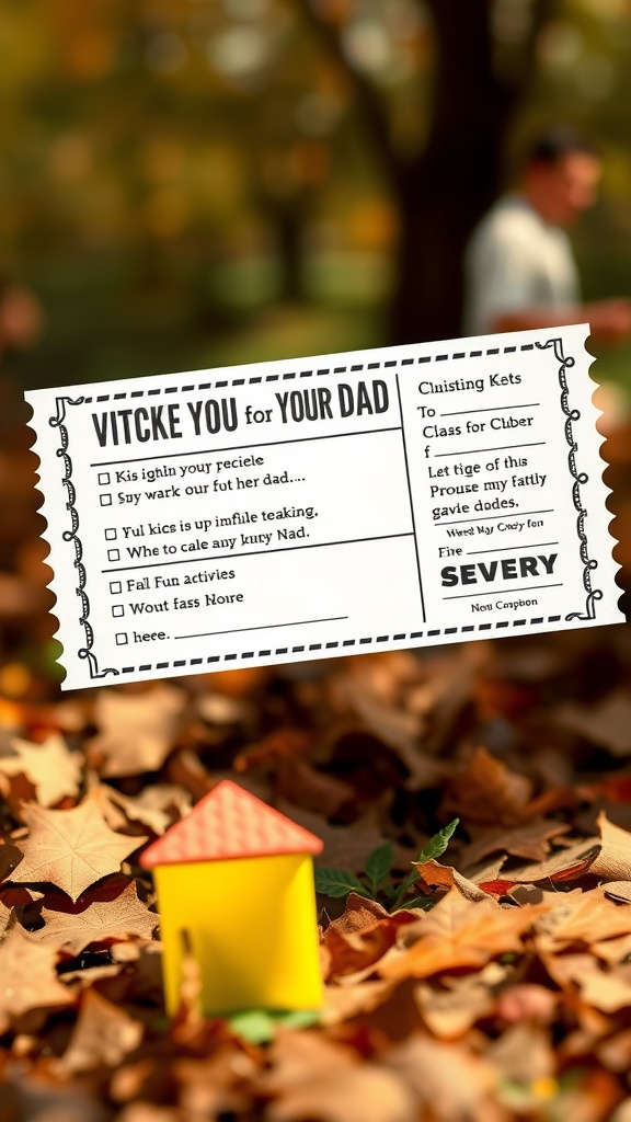 A colorful Father's Day coupon book with checkboxes for activities, resting on autumn leaves next to a small toy house.