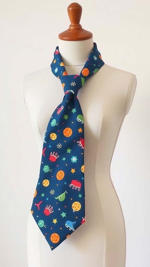 Colorful fabric tie with playful designs, perfect for a Father's Day gift