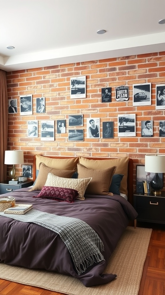 A cozy bedroom featuring a faux brick wall headboard with various picture frames, stylish bedding, and lamps.