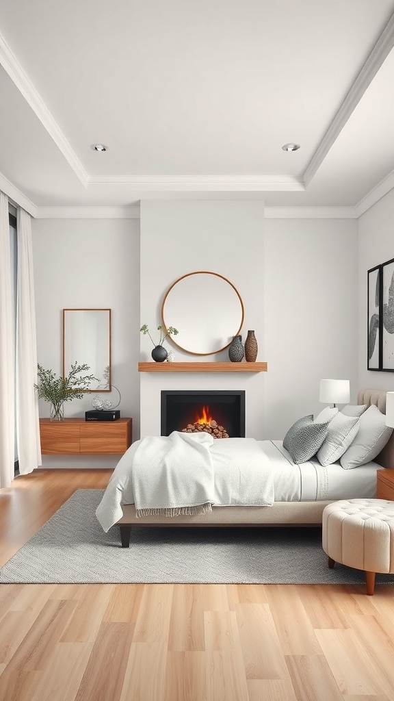 A modern bedroom featuring a faux fireplace as a room divider, with a cozy bed and stylish decor.
