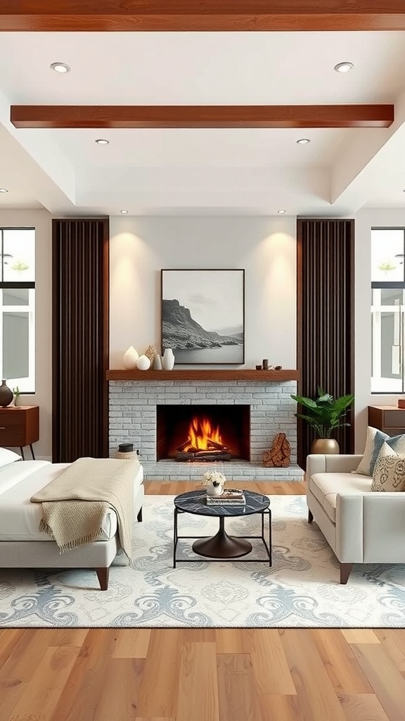 Open concept bedroom featuring a faux fireplace with a cozy seating area