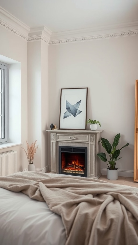 Cozy bedroom with faux fireplace, soft bedding, and minimalist decor.