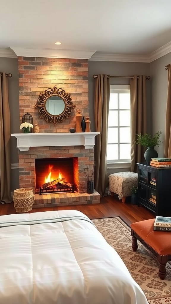 Cozy bedroom with faux fireplace and reading nook