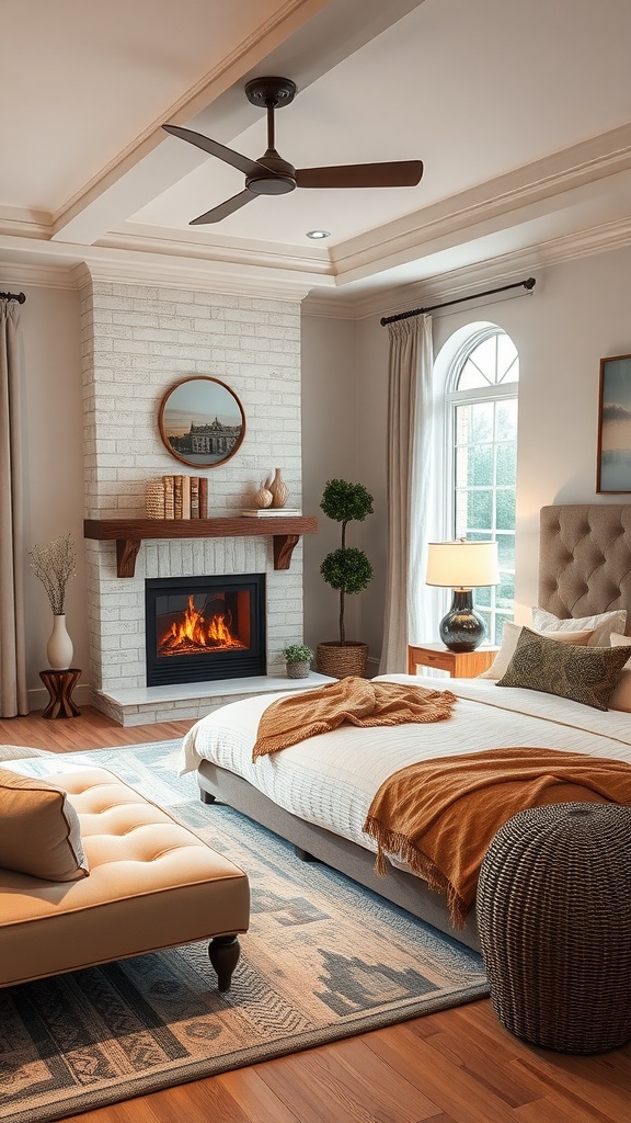 A cozy bedroom featuring a faux fireplace and a seating area with a stylish ottoman, surrounded by soft decor.