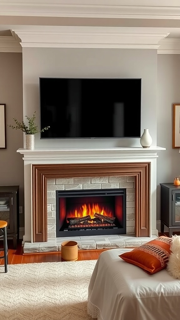 A cozy bedroom featuring a faux fireplace with a TV mounted above it, creating a warm and modern atmosphere.