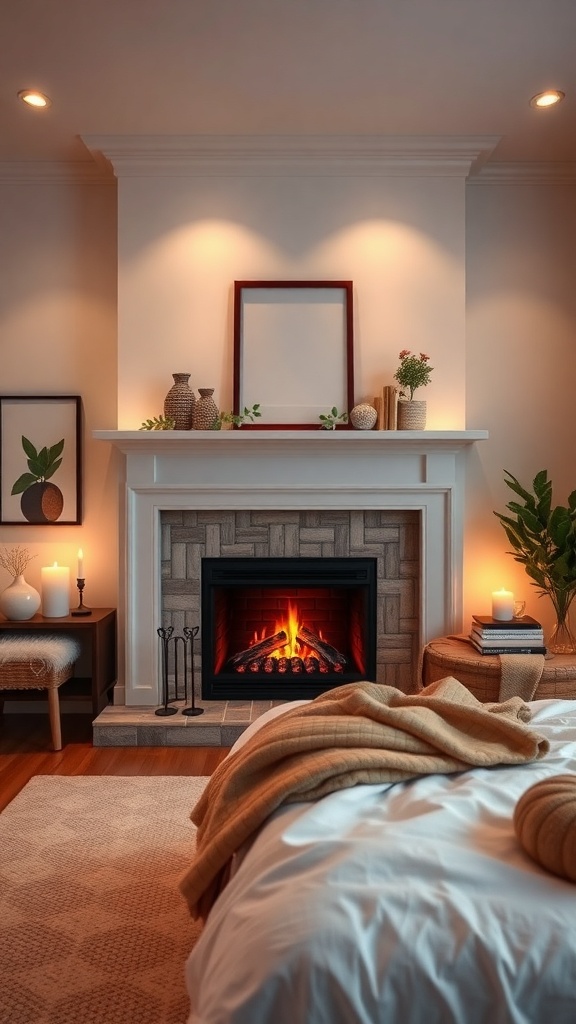A cozy bedroom featuring a faux fireplace with ambient lighting, decorated with vases, candles, and a warm throw blanket.