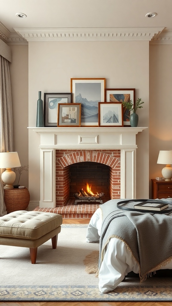 A cozy bedroom featuring a faux fireplace with artwork displayed on the mantel, creating a warm and inviting atmosphere.
