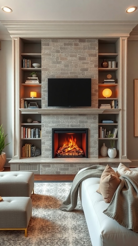 A cozy bedroom featuring a faux fireplace with built-in shelves, showcasing books and decorative items.
