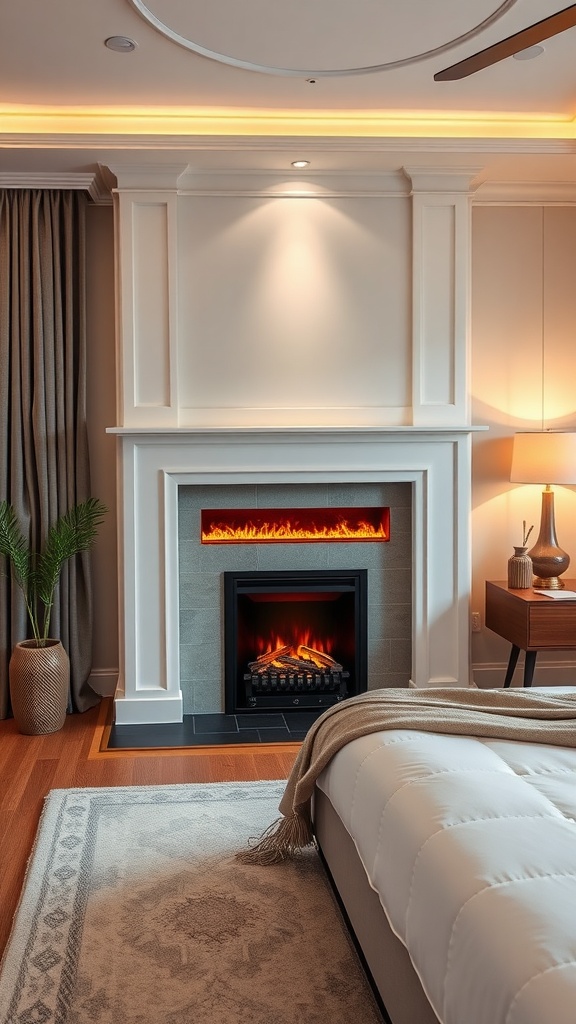 A cozy bedroom featuring a modern faux fireplace with integrated lighting, soft bedding, and a stylish lamp.
