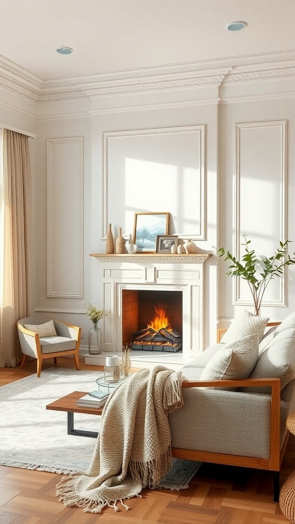 Cozy bedroom with faux fireplace and seating area
