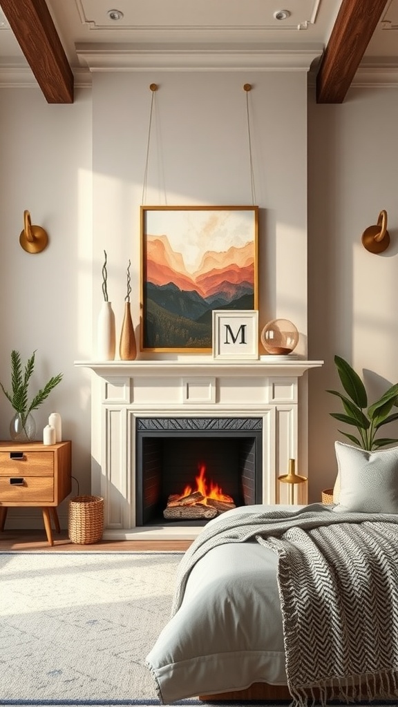 A cozy bedroom featuring a faux fireplace with wall art above, surrounded by modern decor and plants.