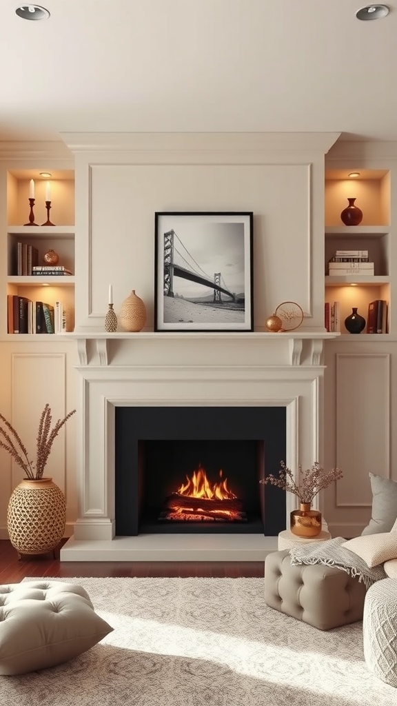 A cozy bedroom featuring a faux fireplace with wall shelves, illuminated decor, and comfortable seating.