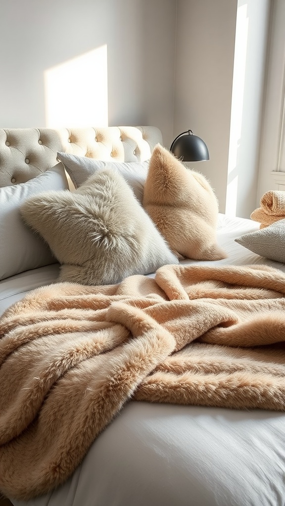 Cozy winter bedroom with faux fur pillows and a throw blanket