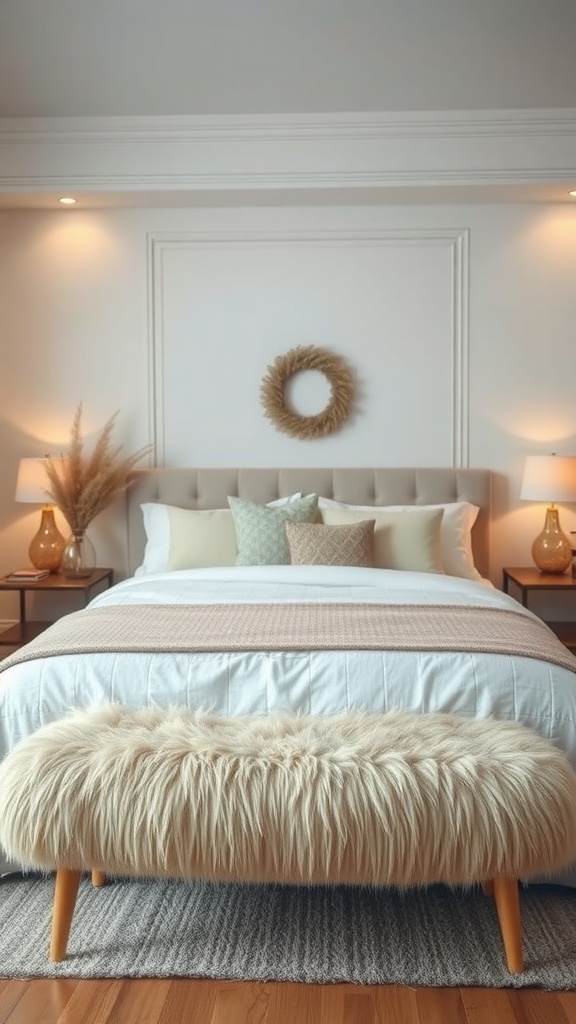 A cozy bedroom featuring a faux fur bench at the end of a neatly made bed with soft pillows and decorative elements.
