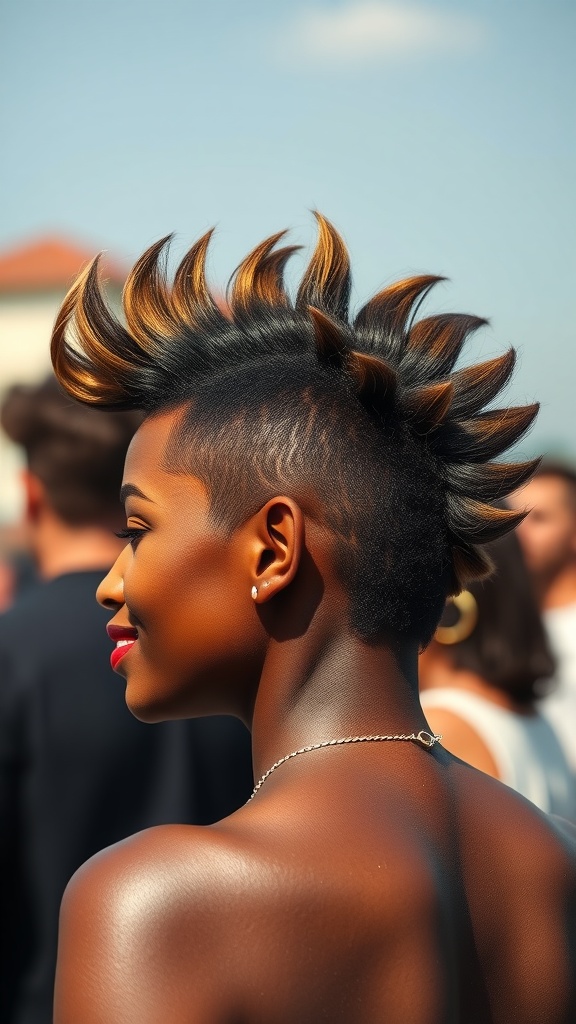A woman with a faux hawk hairstyle, featuring spikes and shaved sides, showcasing a bold and edgy look.