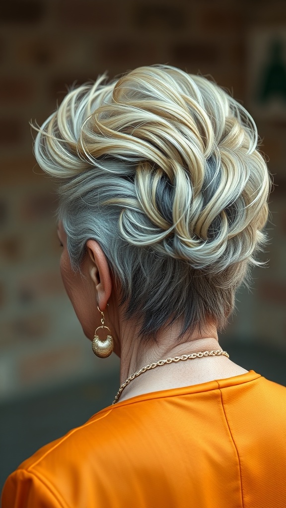 A stylish faux hawk hairstyle on a woman with gray and blonde hair, featuring elegant earrings and a bright orange top.