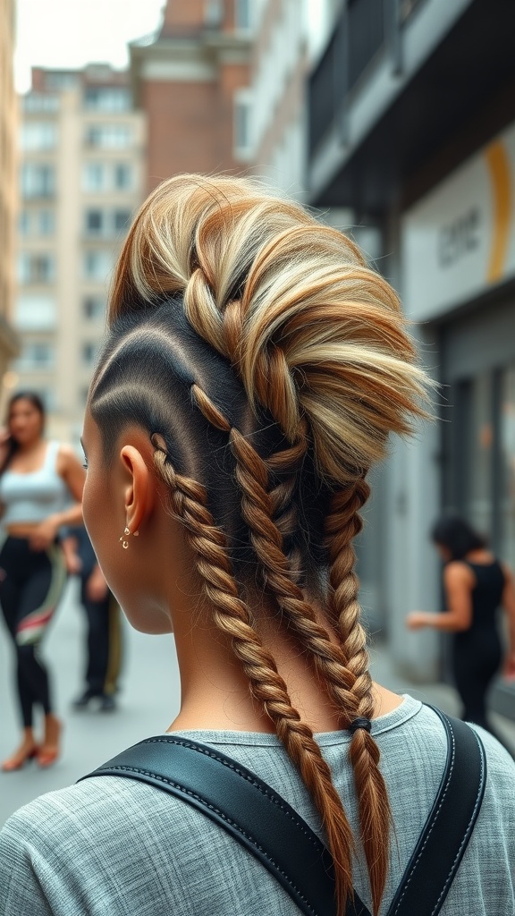 A stylish faux hawk hairstyle with braids, showing a blend of edgy and feminine styles.