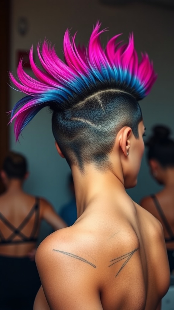 A vibrant faux hawk hairstyle featuring pink and blue colors with a close-up view of the back of the head.