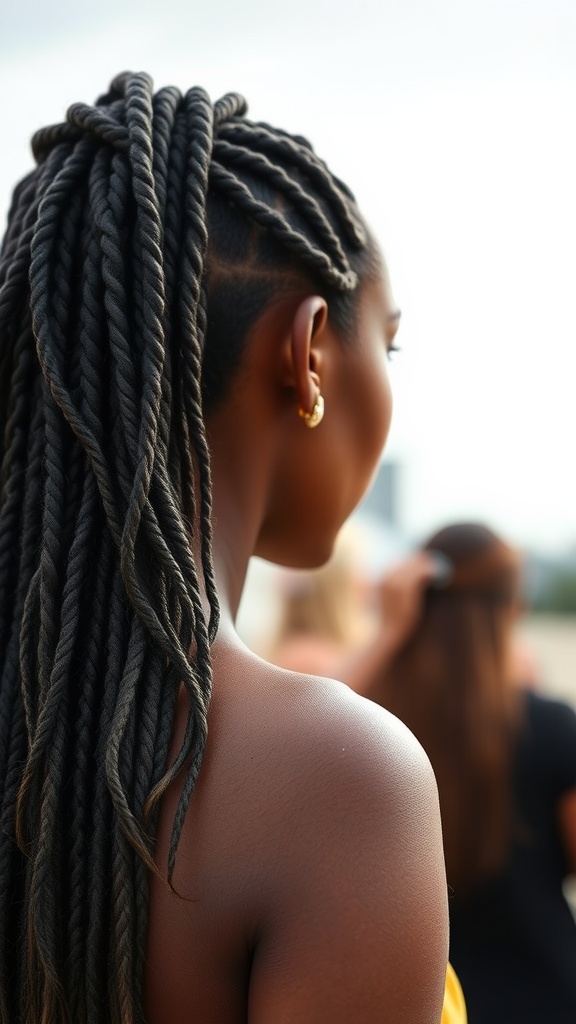 Close-up of a woman with faux locs styled elegantly, with a blurred background of other people.
