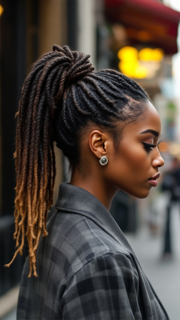 A woman with faux locs styled in a high updo, showcasing long twisted locs and elegant earrings.