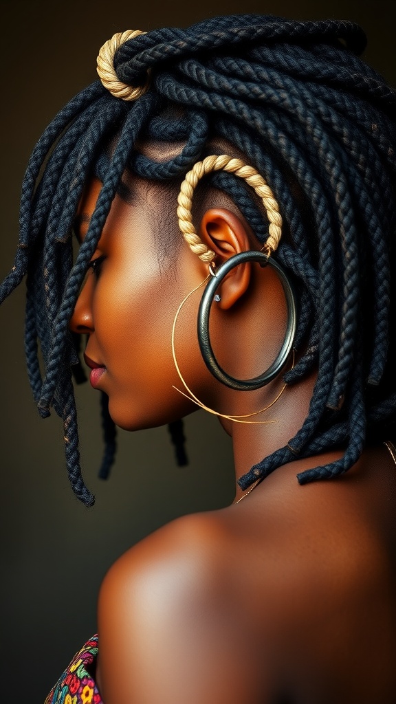 A woman with faux locs hairstyle, featuring twisted locs and gold accessories, showcasing a stylish look.
