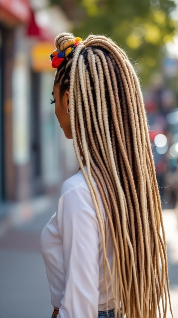 A woman with long faux locs styled with colorful accessories, showcasing a chic top knot.