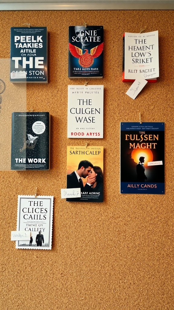 Cork board displaying book and movie recommendations