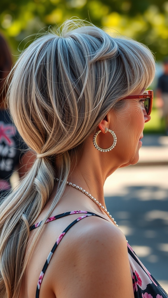 A woman with long hair featuring feathered bangs, wearing sunglasses and earrings, in a casual outdoor setting.