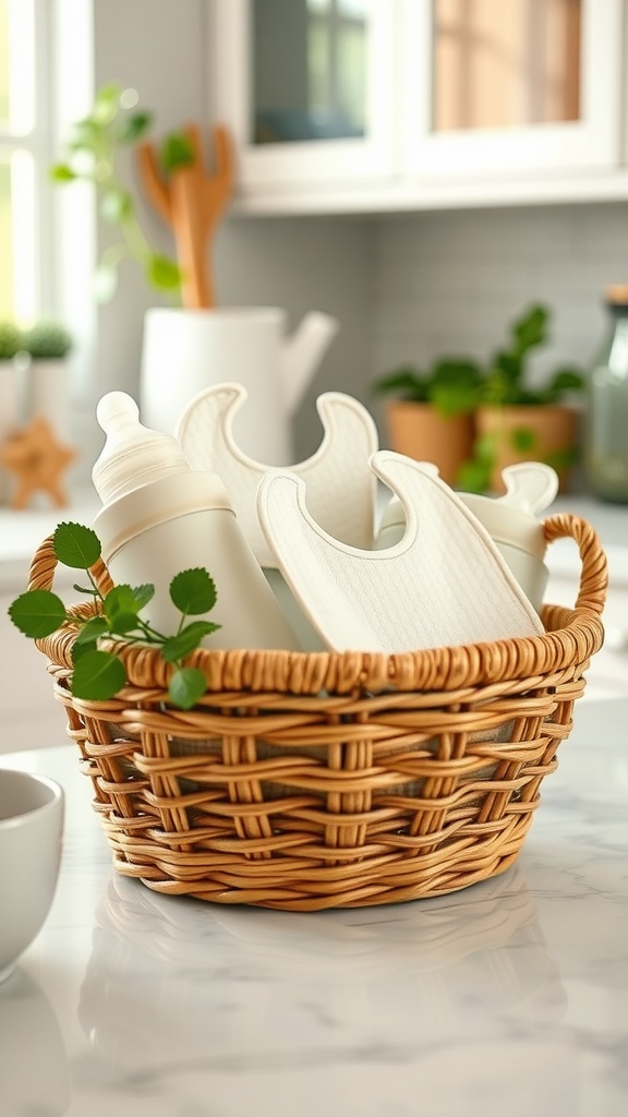 A wicker basket filled with baby feeding supplies including bottles and bibs, with fresh greenery in a bright kitchen setting.