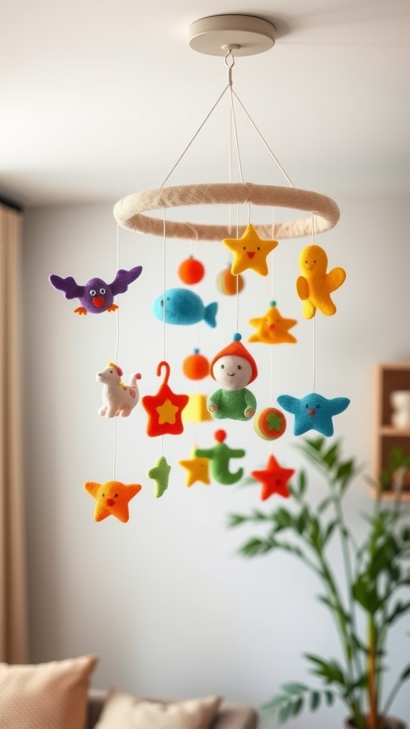 Colorful felt baby mobile with various shapes hanging above a nursery.