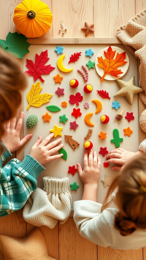 Children interacting with a felt board covered in colorful shapes like leaves, stars, and moons.