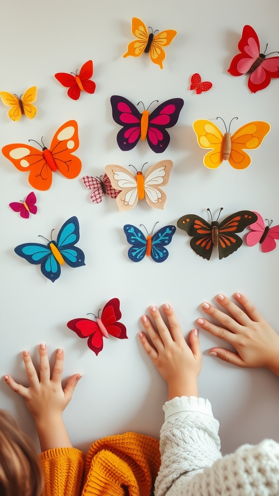 Colorful felt butterfly magnets created by kids, featuring various designs and colors, with hands reaching out to touch them.