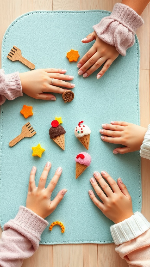 Colorful felt ice cream cones and toppings on a blue play mat with children's hands reaching for them.