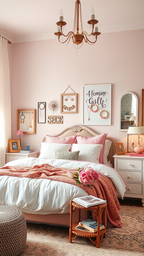 A feminine bedroom with pink walls, a cozy bed, and decorative accessories.