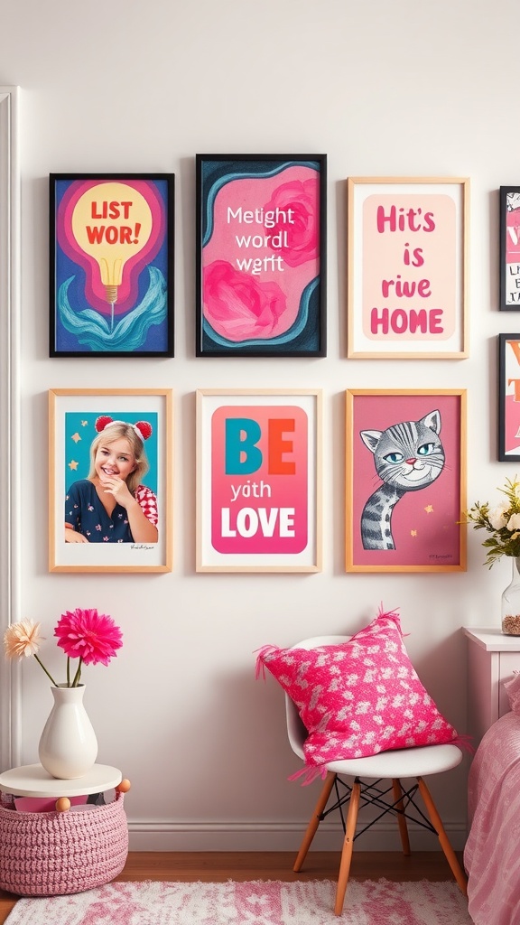 Colorful art prints on a wall in a feminine room, featuring playful messages and illustrations