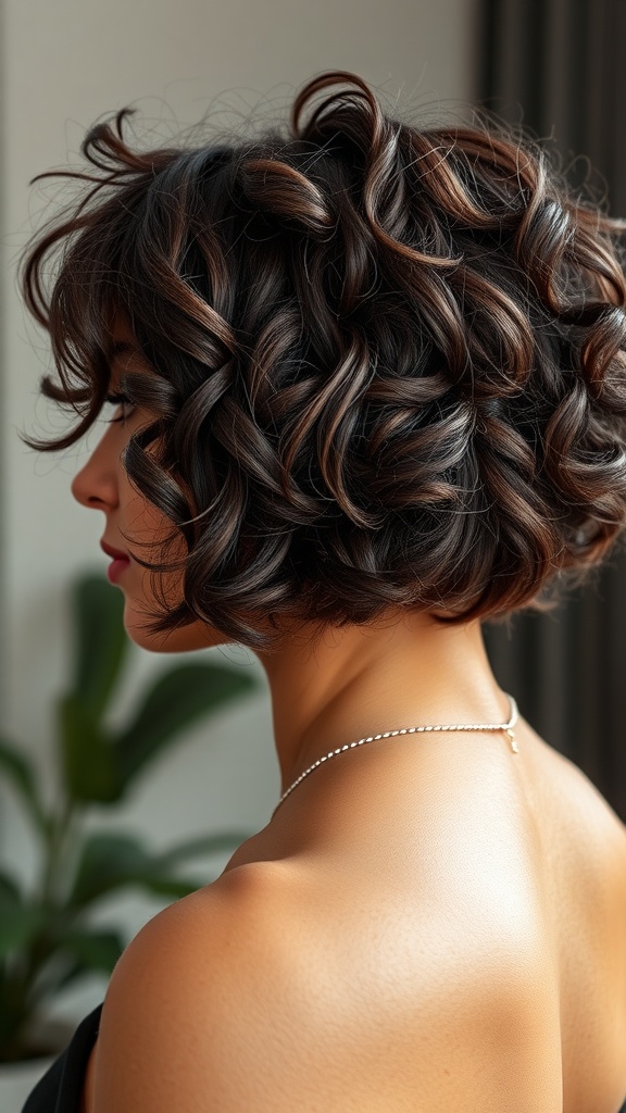 A woman showcasing a feminine curly bob hairstyle with a side part.