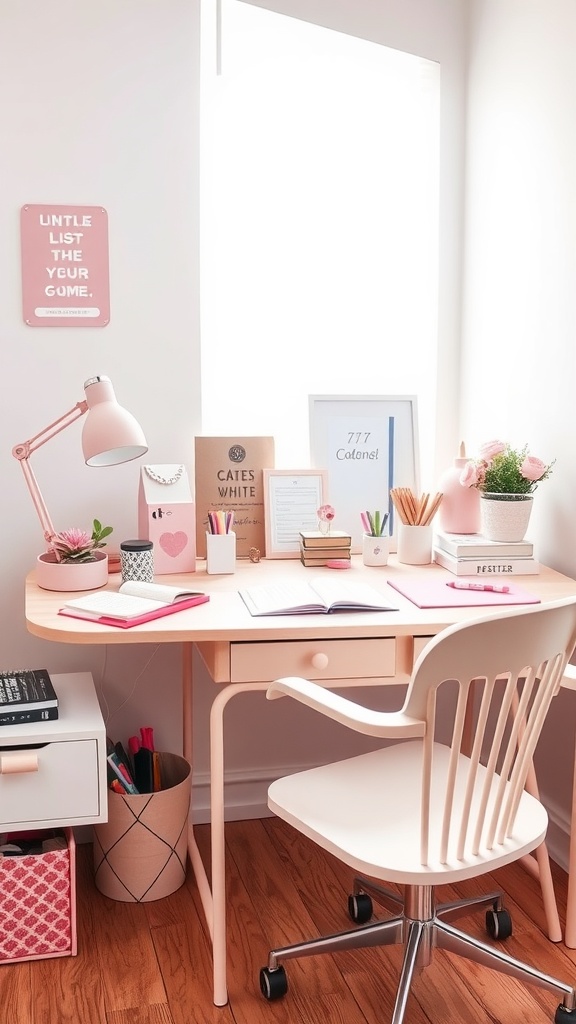 A feminine desk space with a pink theme, featuring a lamp, stationery, and decorative items.