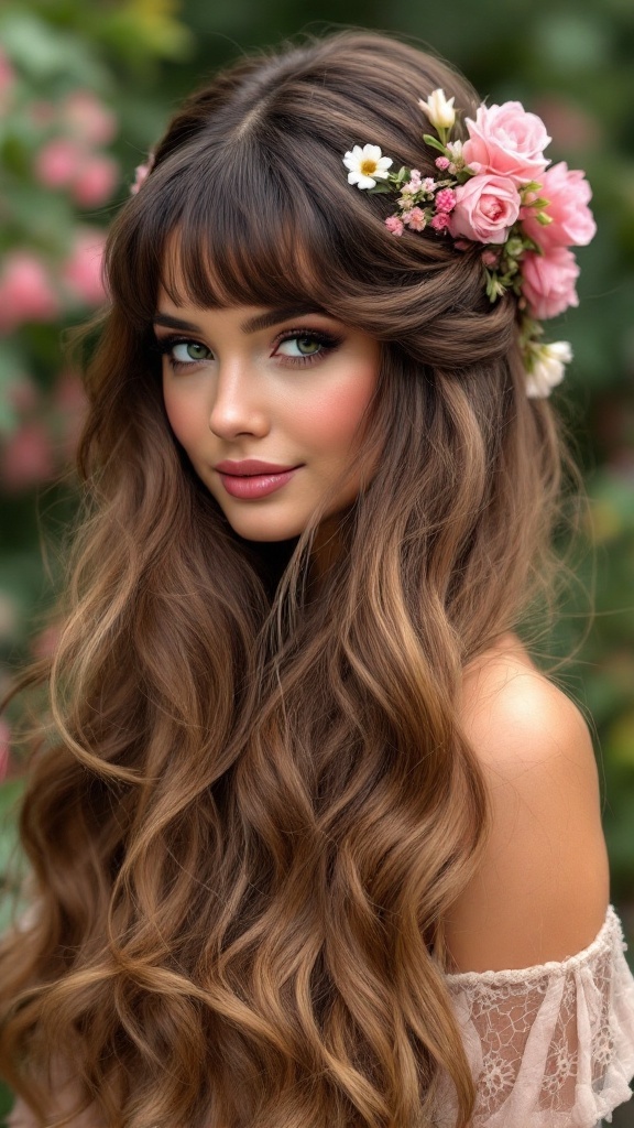 A woman with long wavy hair styled half up half down, featuring bangs and decorated with floral accents.