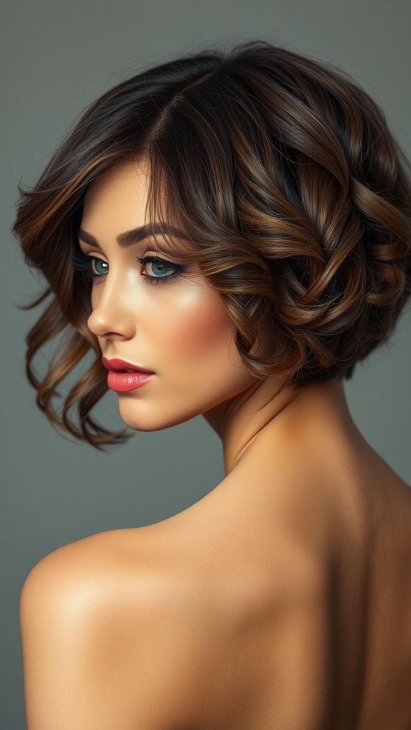 A woman with a short, curly bob hairstyle, highlighting its feminine style and elegance.