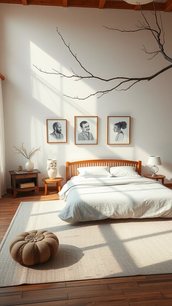 A serene bedroom with a wooden bed, three portraits on the wall, and a natural branch reaching towards the ceiling.