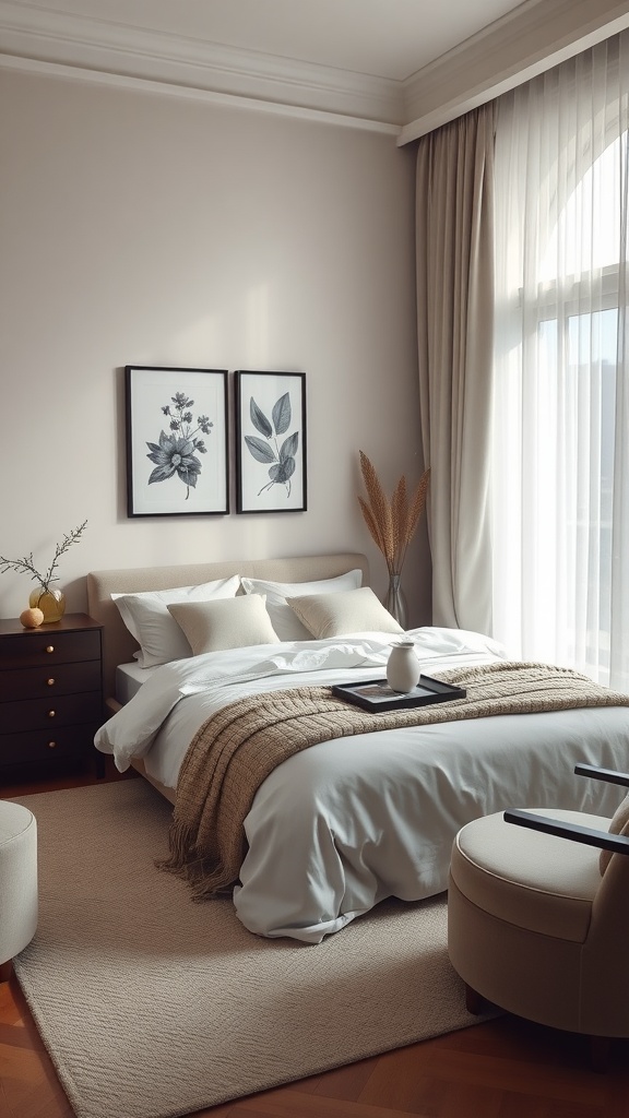 A serene bedroom featuring soft colors, natural light, and minimalistic decor, embodying Feng Shui principles.